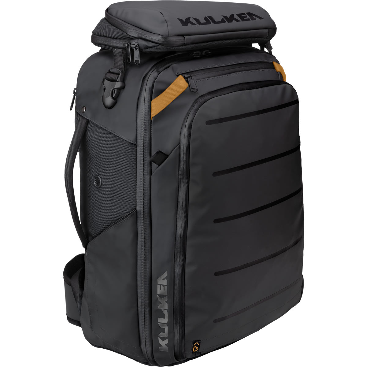 Black backpack with 'Kulkea' branding on a white background