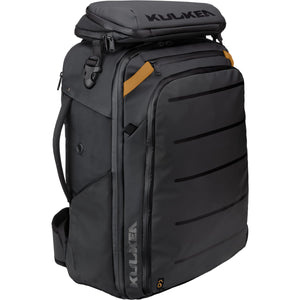 Black backpack with 'Kulkea' branding on a white background