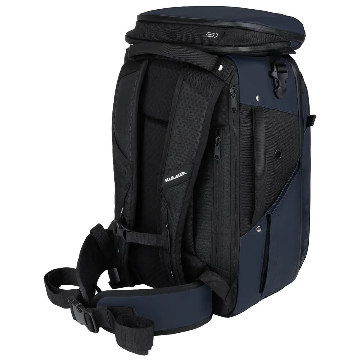 A dark navy blue and black M-POWER backpack shown from a three-quarter rear angle, featuring padded shoulder straps and a top zippered compartment, set against a plain white background.