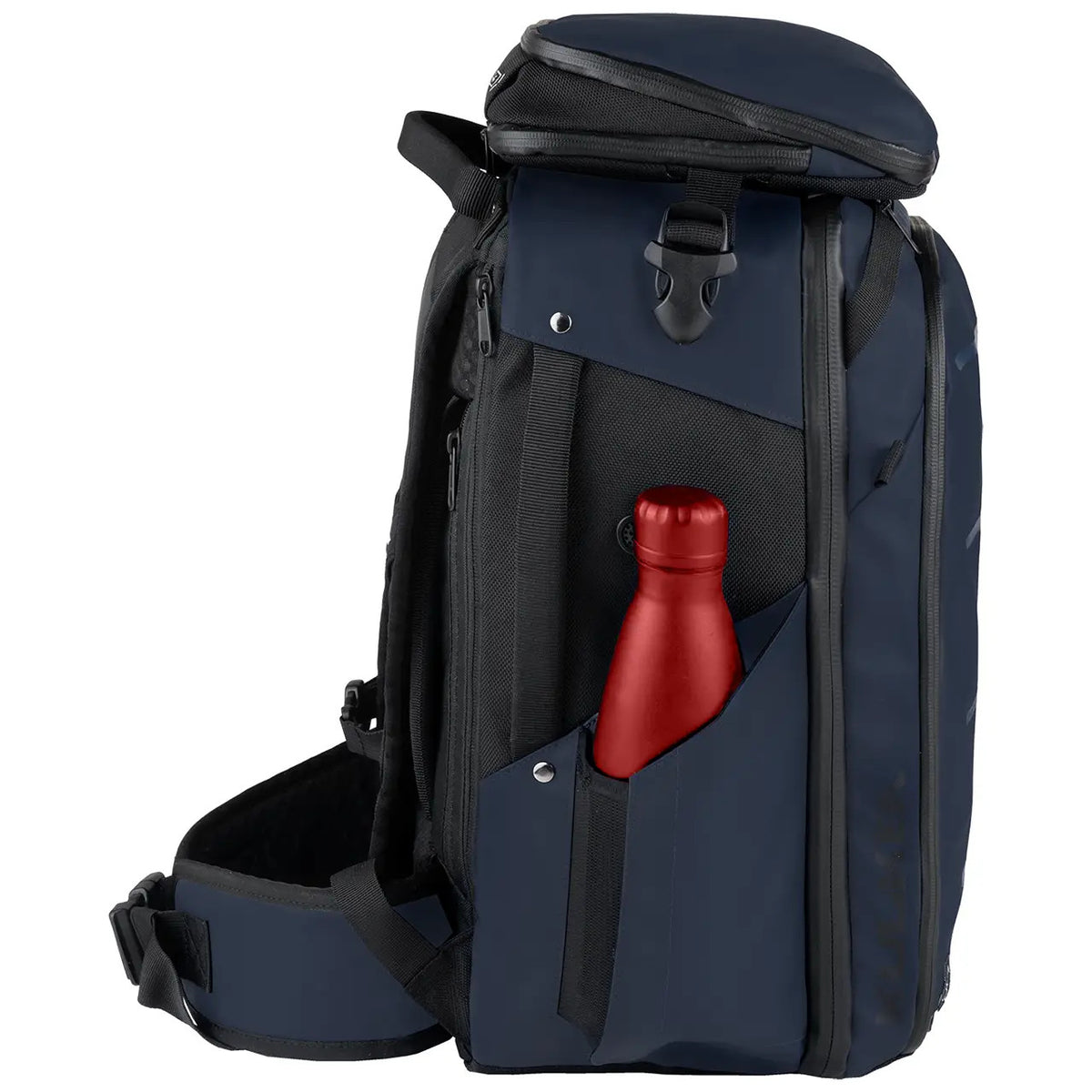 A navy blue and black backpack with a red bottle in its front pocket, shown on a plain white background.