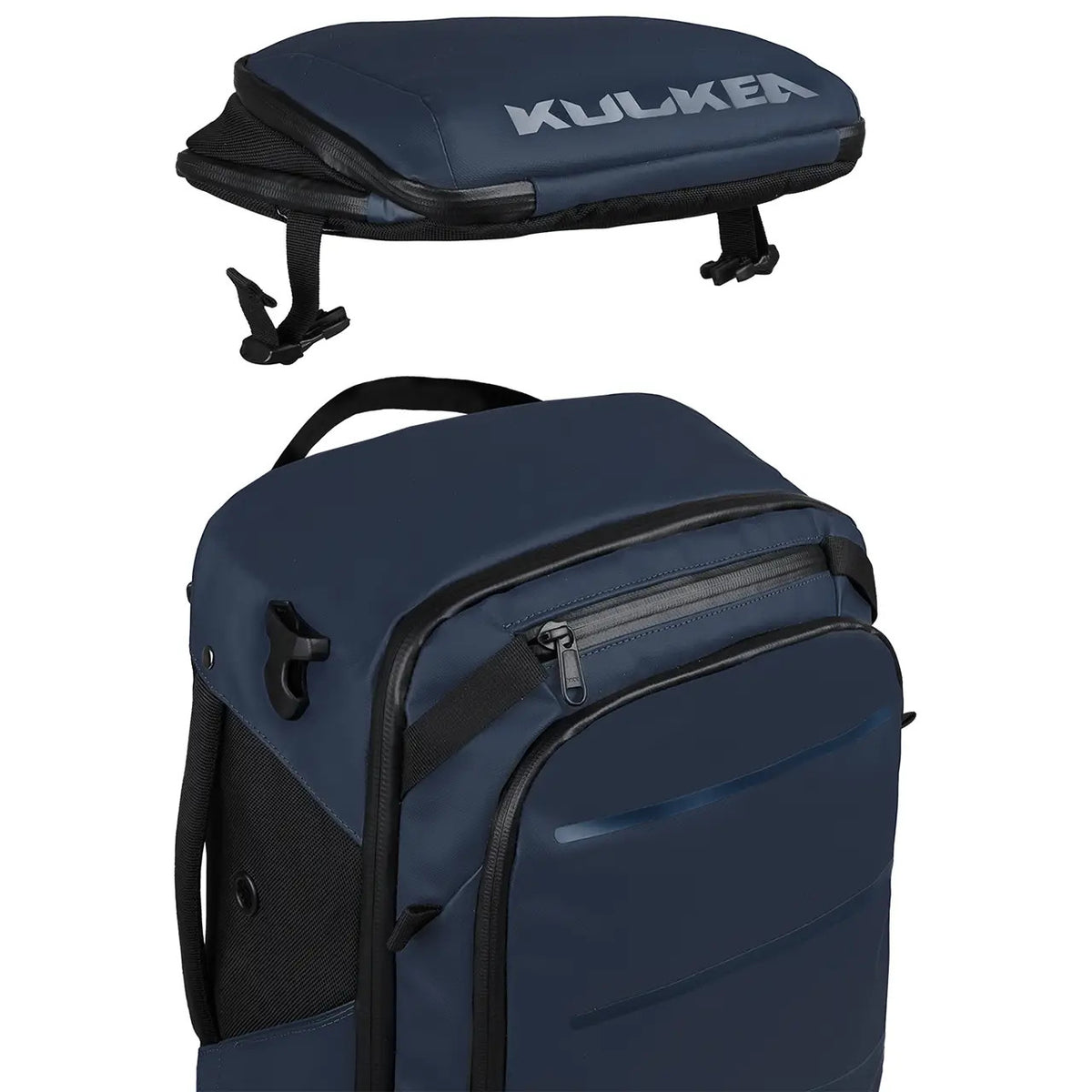 A navy blue Kulkca backpack shown from two angles: a top-down view displaying the brand name on the padded top panel, and a side/front view showing the main zippered compartments and black trim.