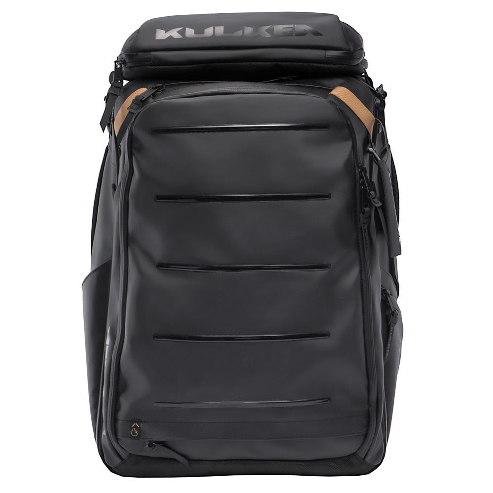 A black Kulkoo backpack with multiple zippered compartments and tan leather accents on the shoulder straps, shown against a plain white background.