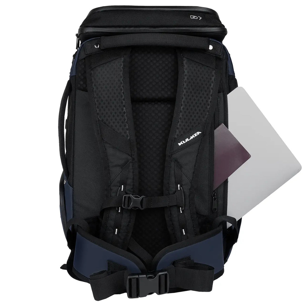 A black and navy blue KLEERA backpack shown from the back, with a silver laptop partially tucked into the side pocket, on a solid white background.