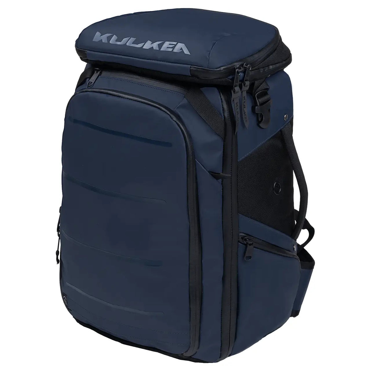A navy blue KULKEA backpack with black accents, shown on a plain white background.