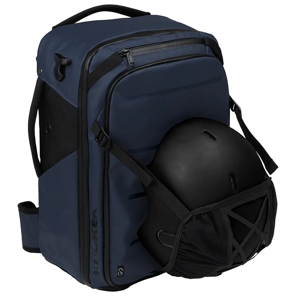 A navy blue and black ski backpack shown with a black ski helmet resting in its front storage pocket, set against a plain white background.
