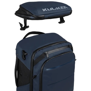 A navy blue Kulkca backpack shown from two angles: a top-down view displaying the brand name on the padded top panel, and a side/front view showing the main zippered compartments and black trim.