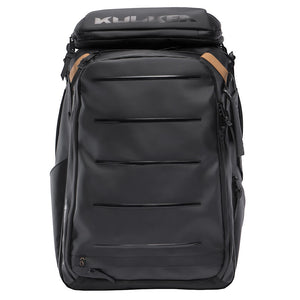 A black Kulkoo backpack with multiple zippered compartments and tan leather accents on the shoulder straps, shown against a plain white background.