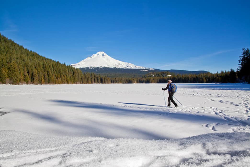 The loop around Trillium Lake is one of many that options available for snowshoeing in Portland.